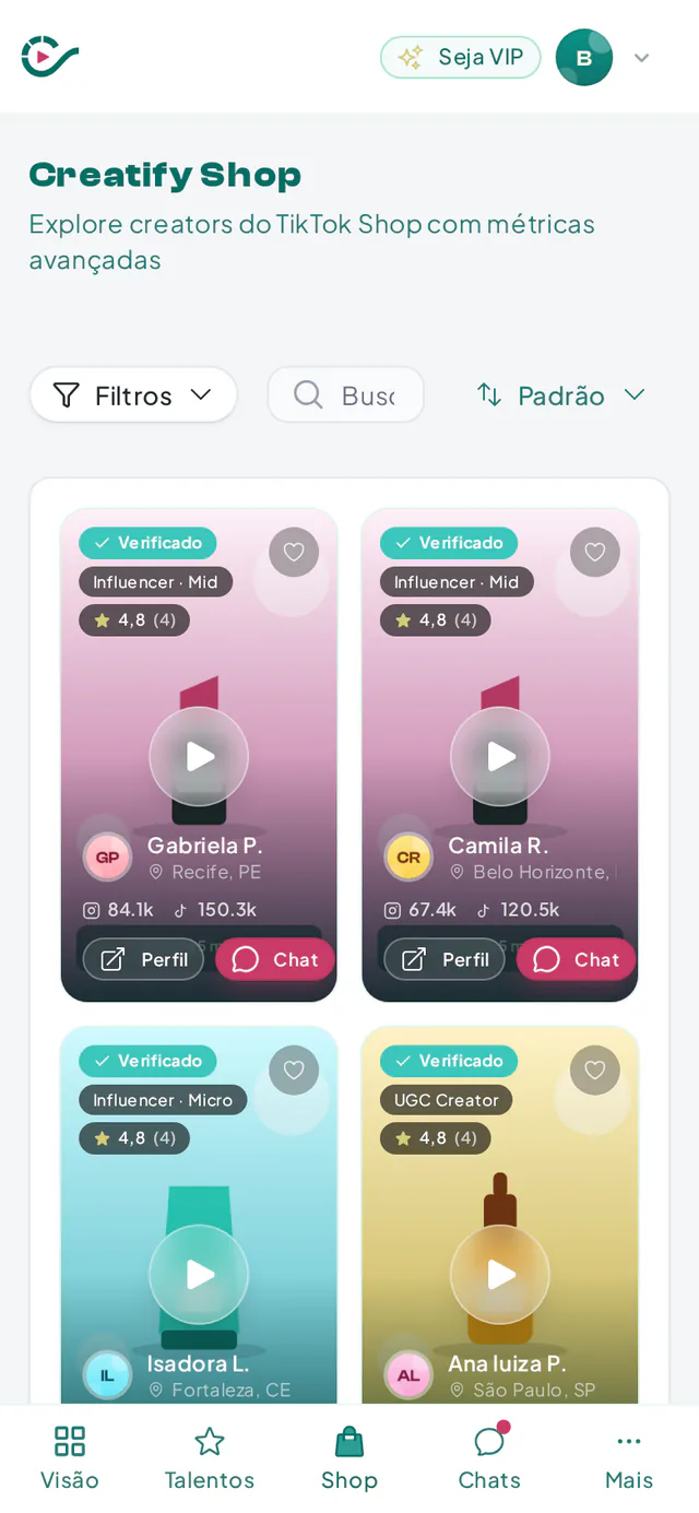 Filtros do Shop Hub por nome, categoria, seguidores, localização, gênero, idade e favoritos