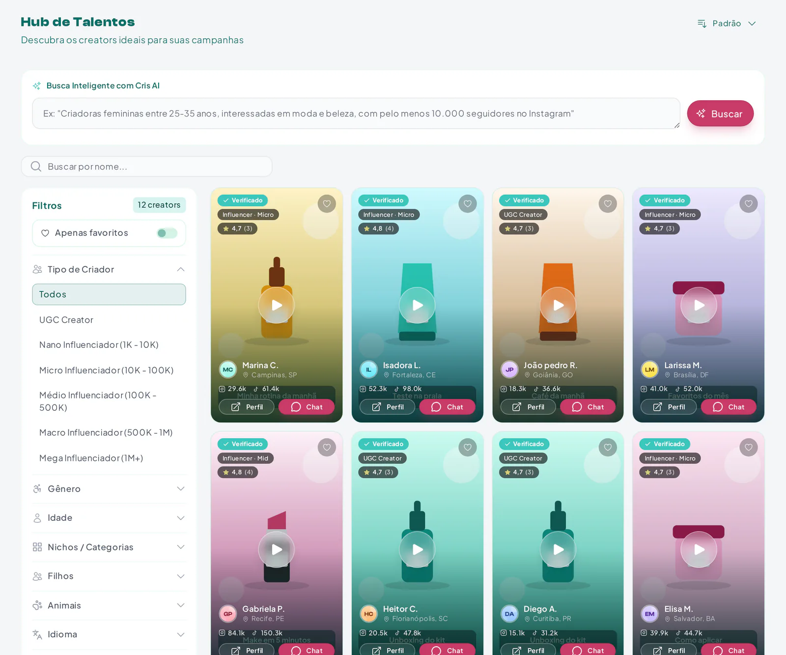Hub de Talentos da Creatify com cards de criadores, vídeo de apresentação e botões de perfil e chat