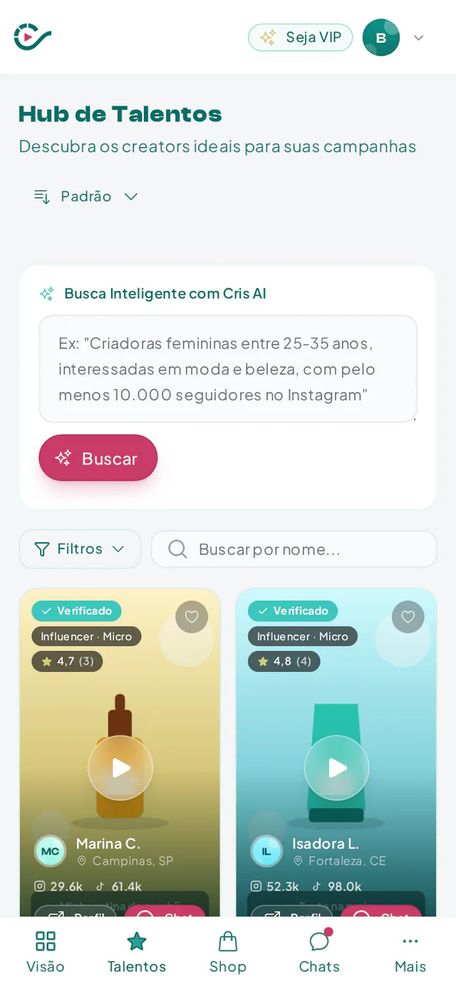 Hub de Talentos da Creatify com cards de criadores, vídeo de apresentação e botões de perfil e chat