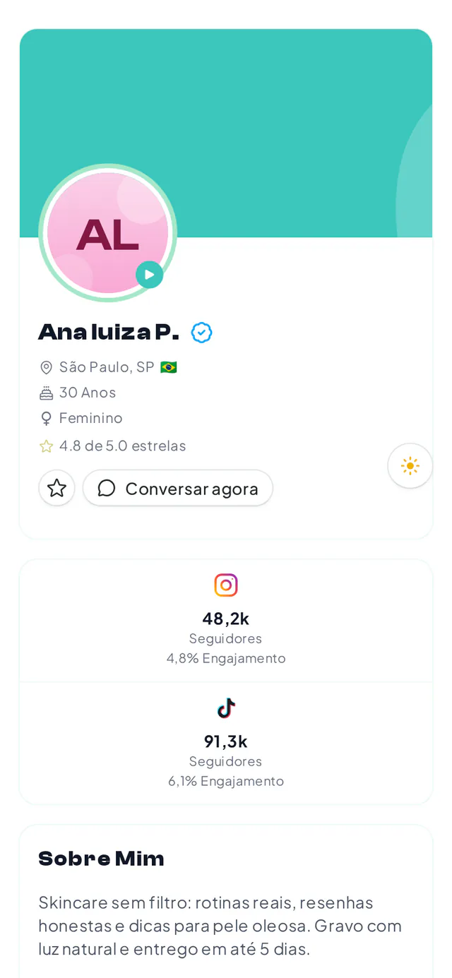 Perfil público de um criador com vídeo de apresentação, portfólio, redes sociais e avaliações