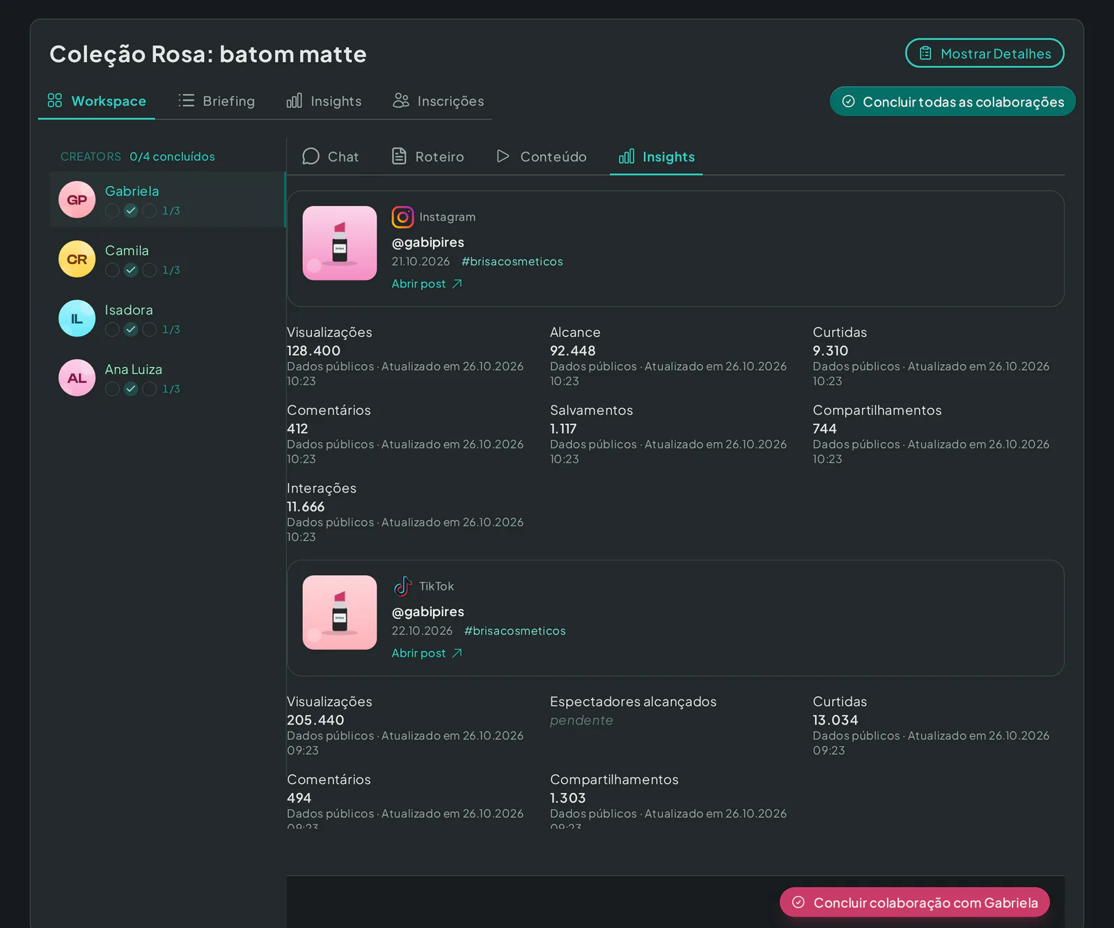 Aba de insights de um criador com o post vinculado, as métricas, a fonte e a data de atualização