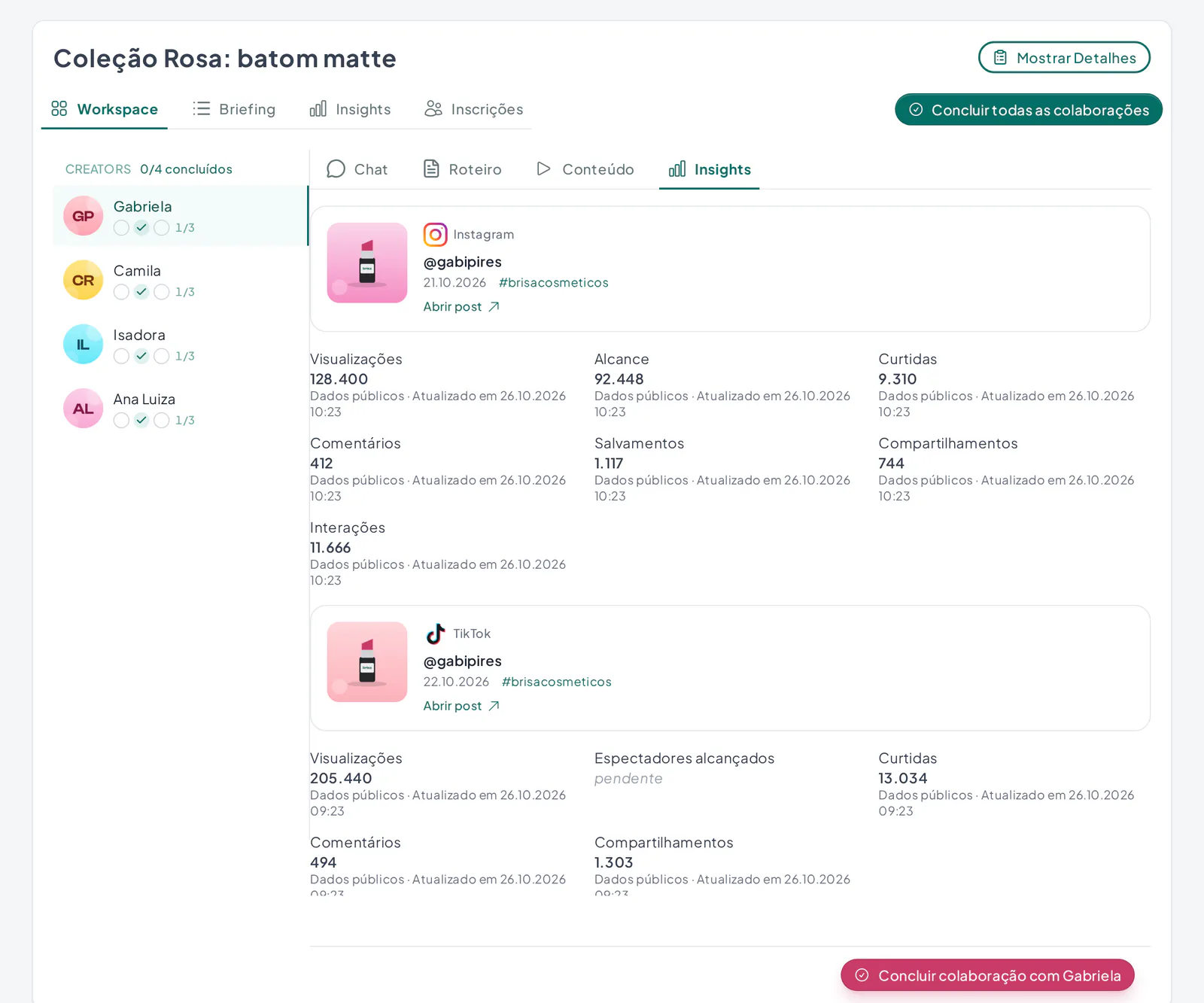 Aba de insights de um criador com o post vinculado, as métricas, a fonte e a data de atualização