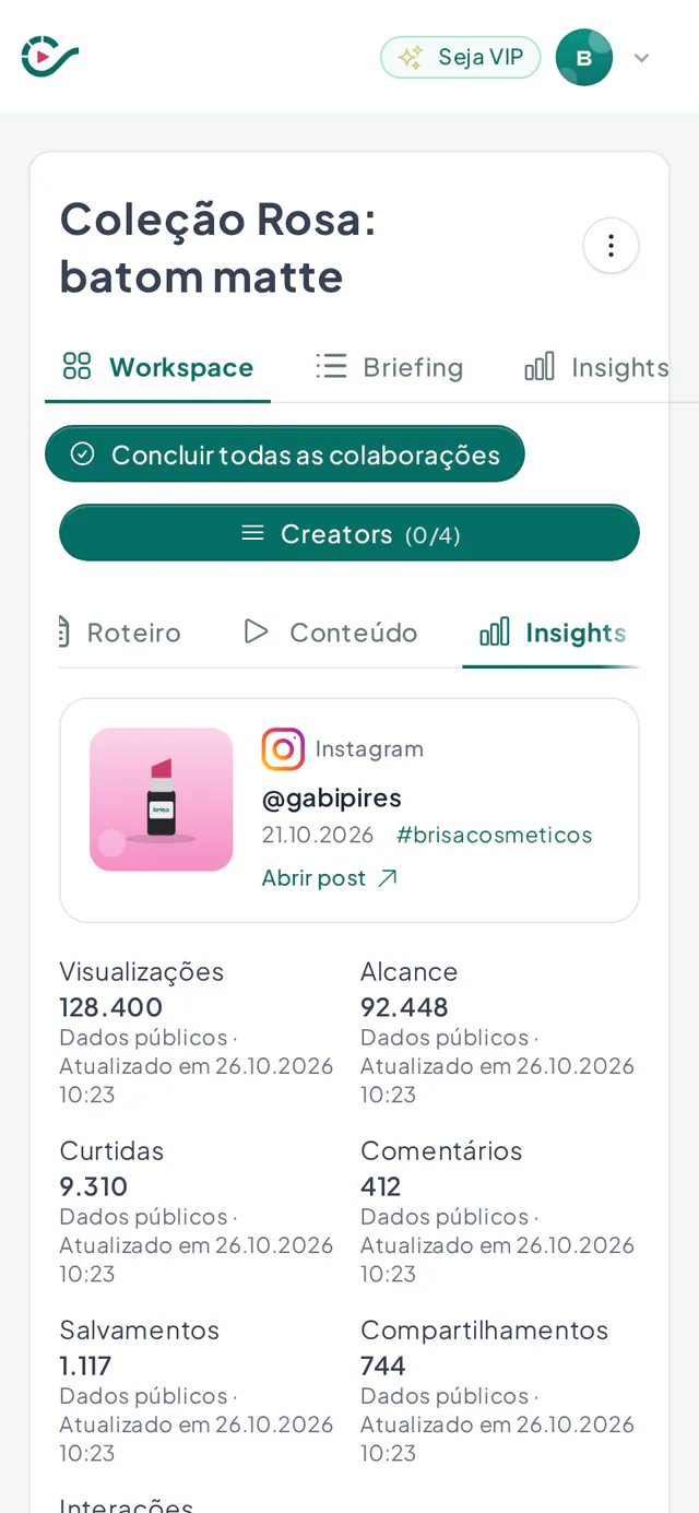 Aba de insights de um criador com o post vinculado, as métricas, a fonte e a data de atualização