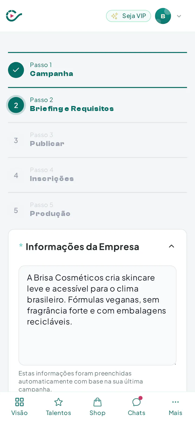 Briefing gerado pela Cris AI com título, sequência do vídeo, tópicos e CTA, pronto para aplicar na campanha
