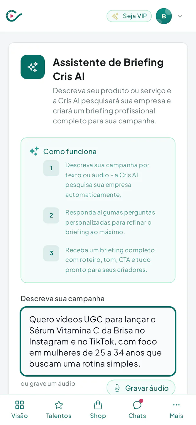 Assistente de briefing da Cris AI no início da criação de uma campanha na Creatify