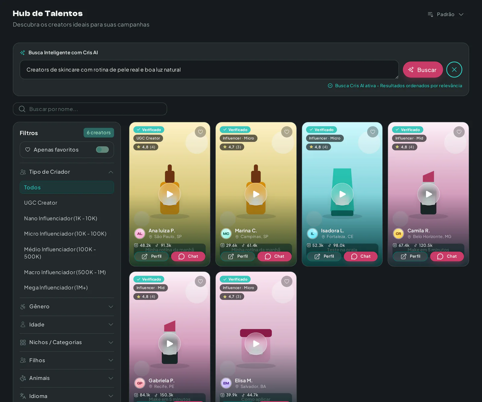 Busca com a Cris AI no Hub de Talentos com criadores ordenados por relevância