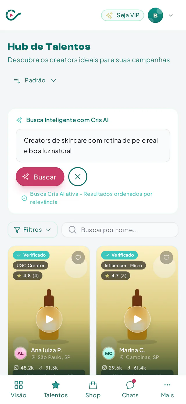 Busca com a Cris AI no Hub de Talentos com criadores ordenados por relevância