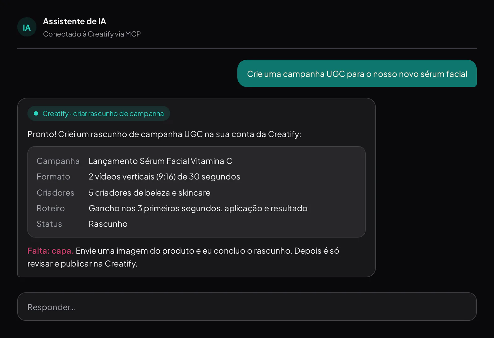 Exemplo de conversa em que um assistente de IA cria o rascunho de uma campanha UGC na Creatify