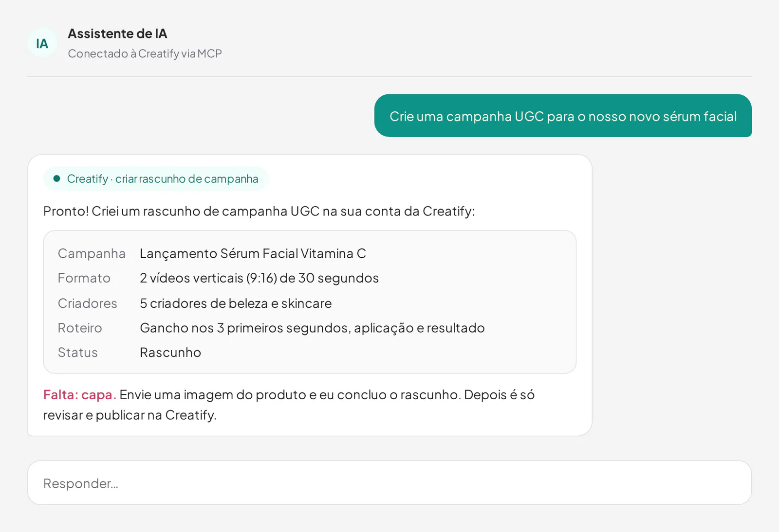 Exemplo de conversa em que um assistente de IA cria o rascunho de uma campanha UGC na Creatify
