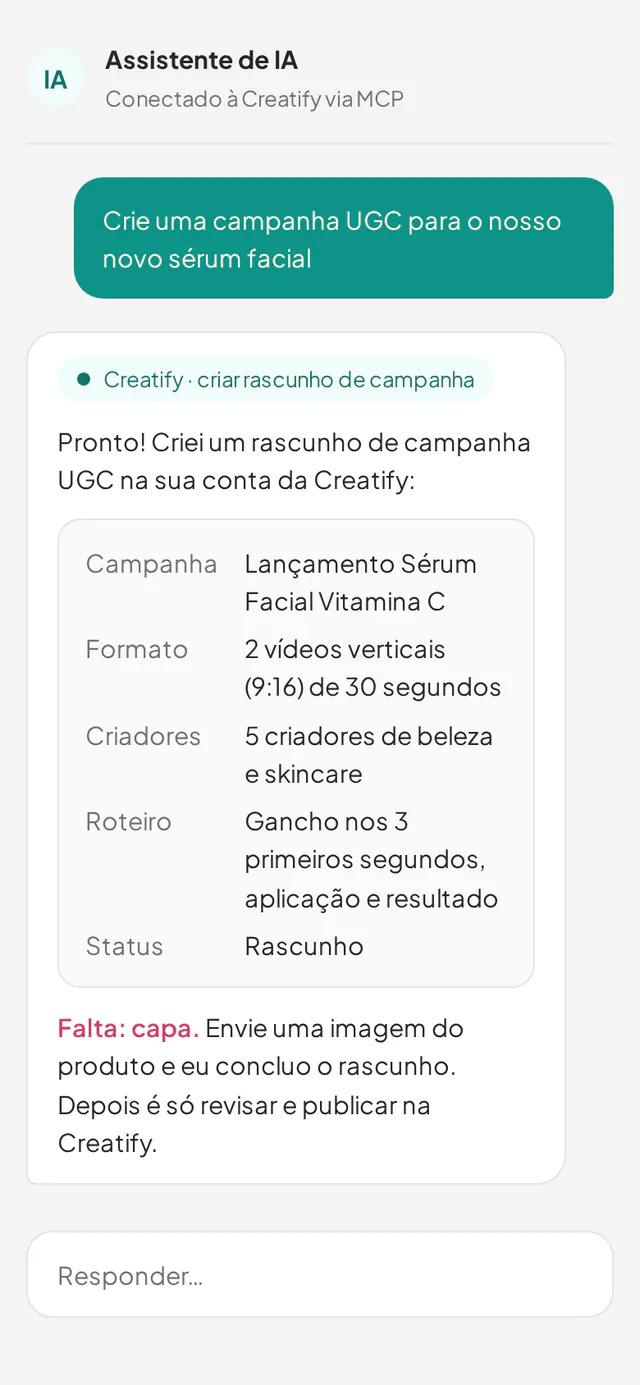 Exemplo de conversa em que um assistente de IA cria o rascunho de uma campanha UGC na Creatify