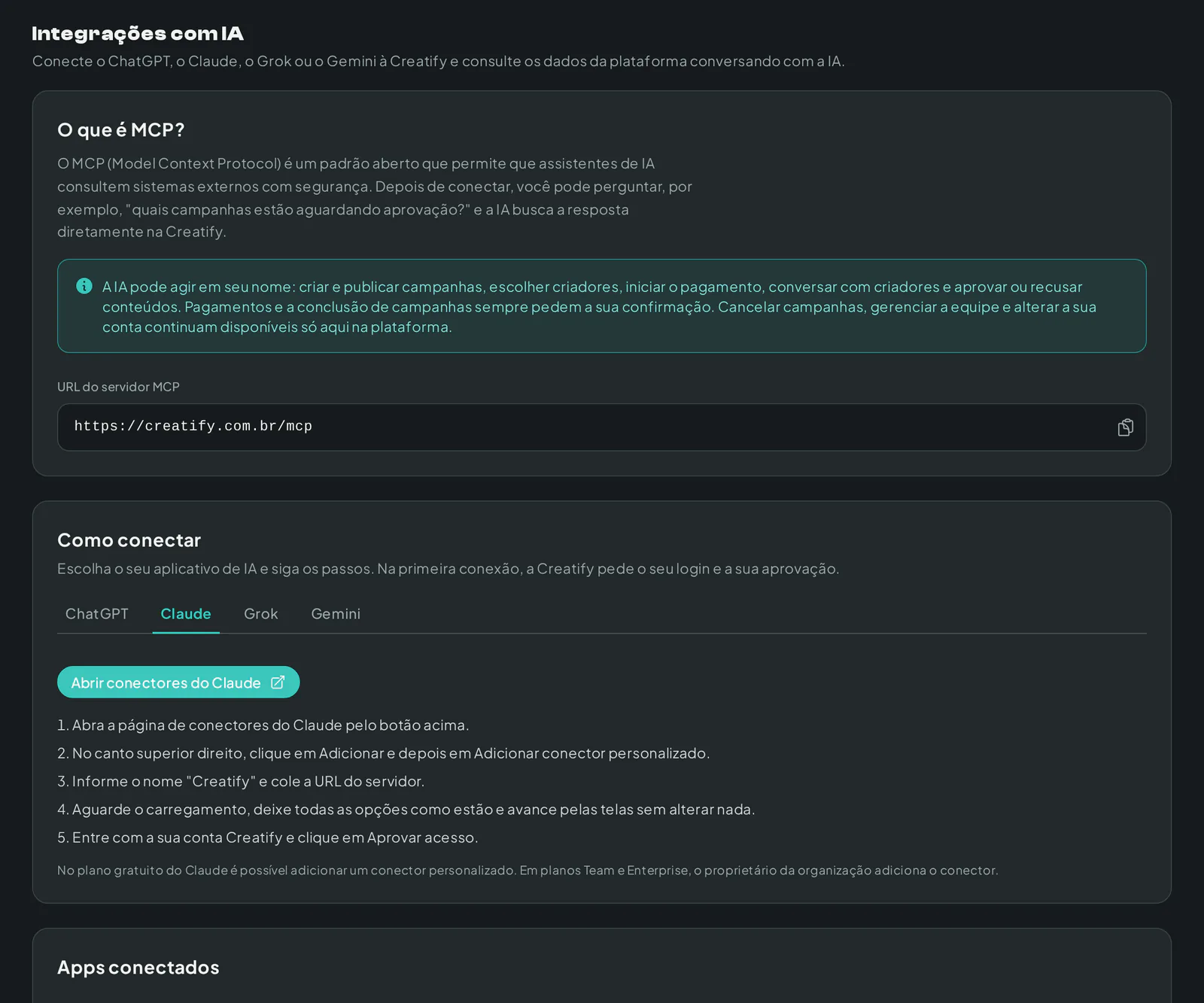 Página Integrações com IA da Creatify com a URL do servidor MCP e o passo a passo de conexão por aplicativo