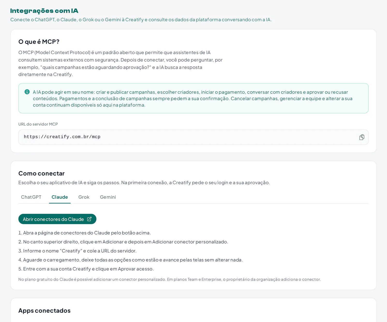 Página Integrações com IA da Creatify com a URL do servidor MCP e o passo a passo de conexão por aplicativo