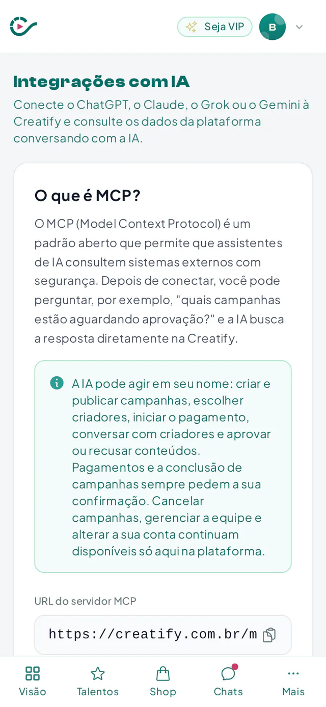 Página Integrações com IA da Creatify com a URL do servidor MCP e o passo a passo de conexão por aplicativo
