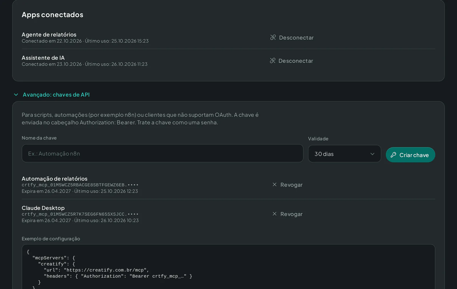 Lista de aplicativos de IA conectados e chaves de API na página Integrações com IA da Creatify