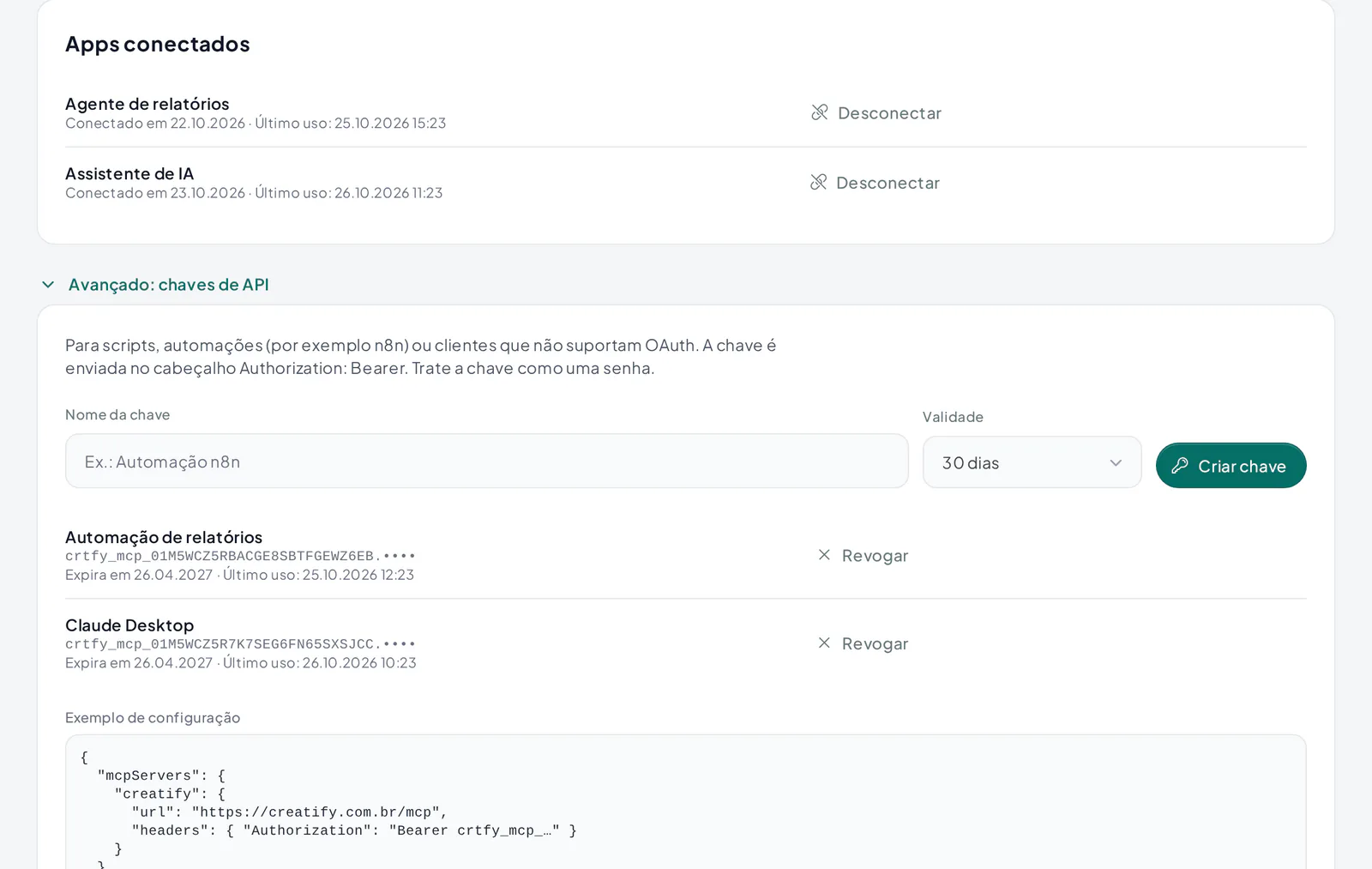 Lista de aplicativos de IA conectados e chaves de API na página Integrações com IA da Creatify