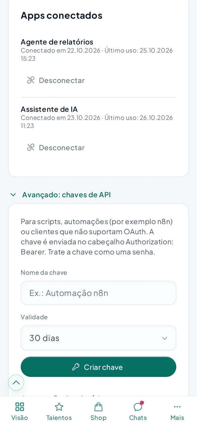 Lista de aplicativos de IA conectados e chaves de API na página Integrações com IA da Creatify
