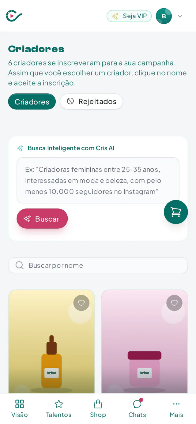 Candidaturas de influenciadores em uma campanha de Permuta, sem preço, com seguidores e perfil de cada um