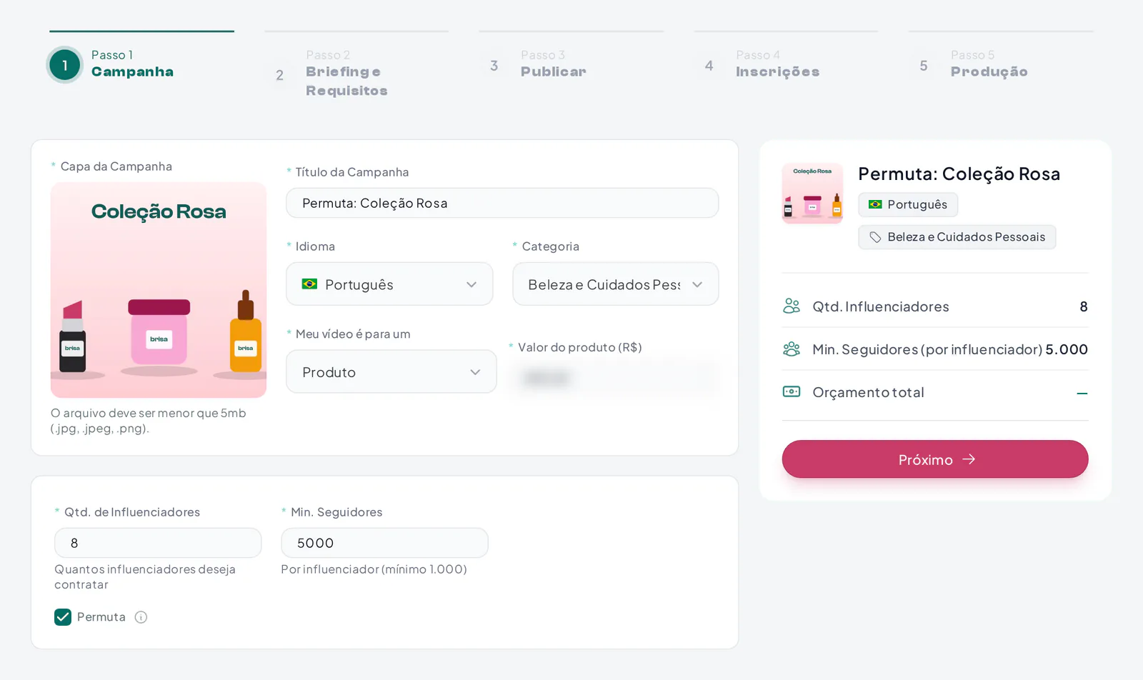 Assistente de campanha de influenciadores com Permuta, sem campo de orçamento e com o valor do produto