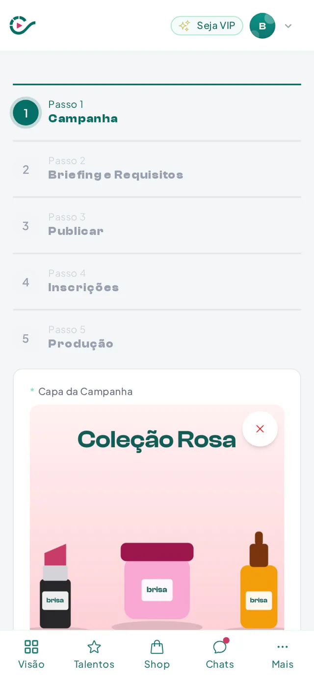 Assistente de campanha de influenciadores com Permuta, sem campo de orçamento e com o valor do produto