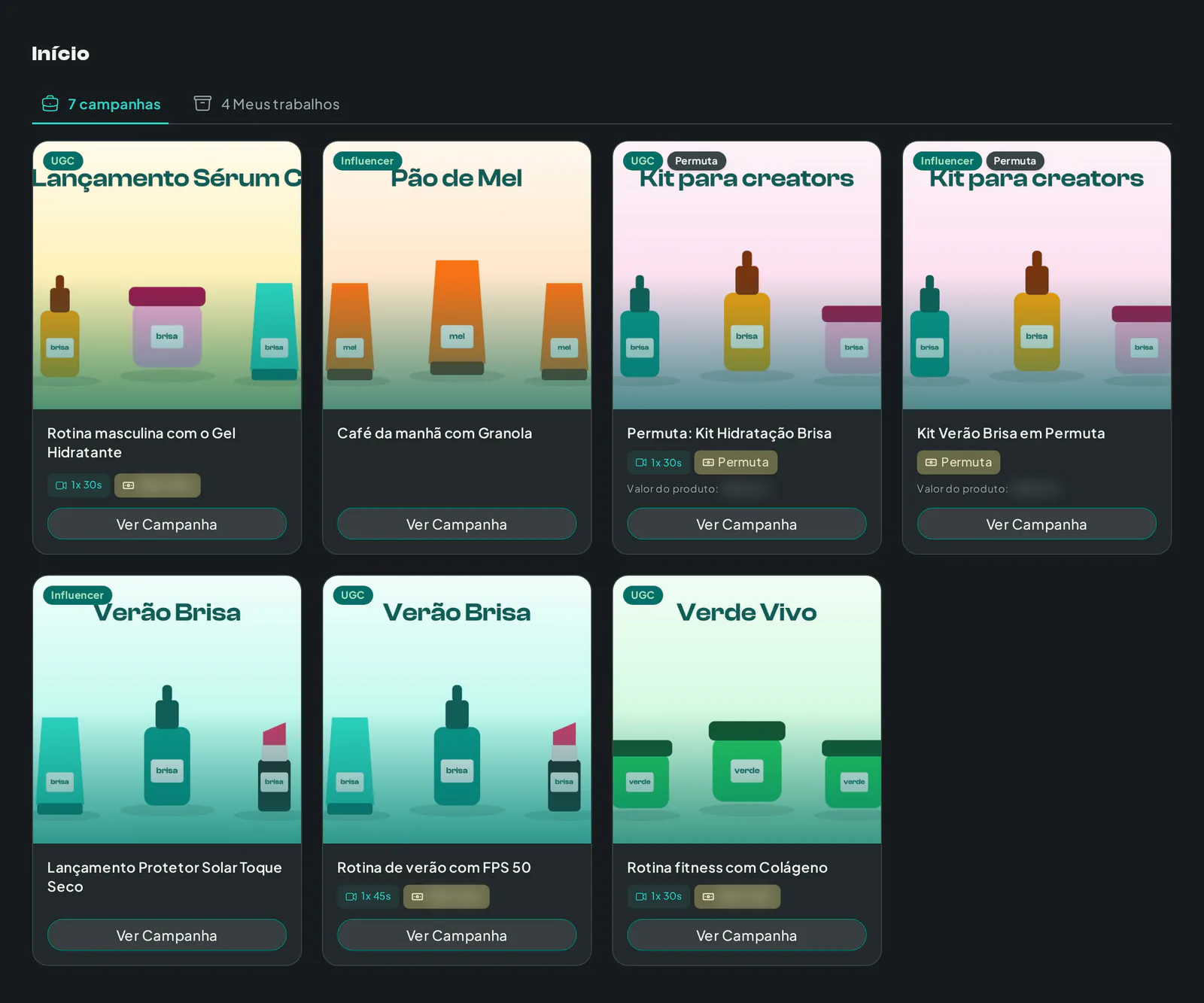 Lista de campanhas vista pelo criador com o selo de Permuta e o valor do produto