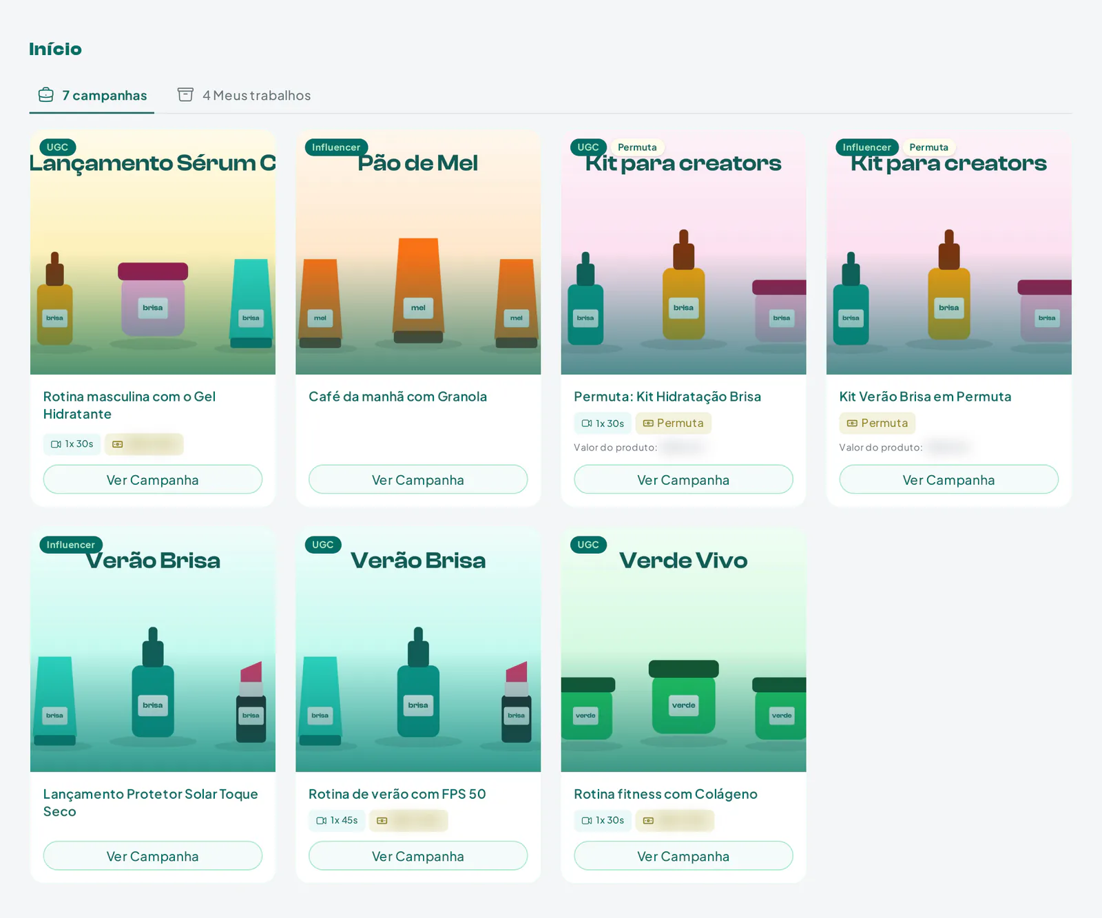 Lista de campanhas vista pelo criador com o selo de Permuta e o valor do produto