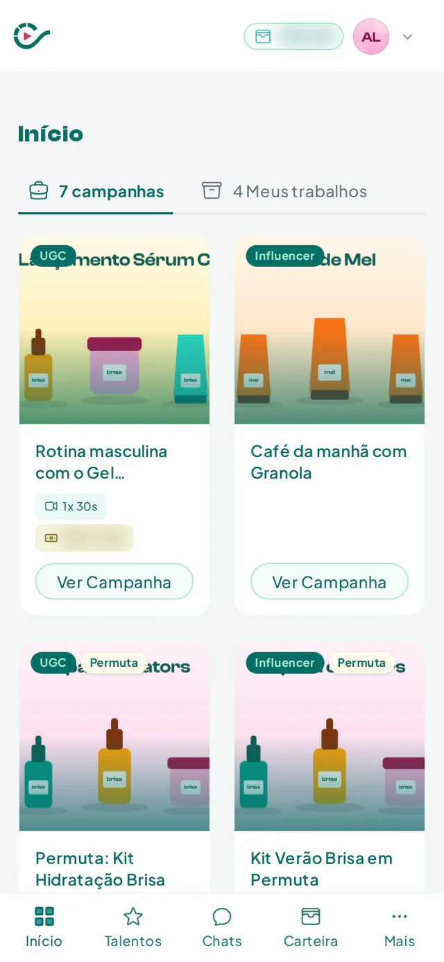 Lista de campanhas vista pelo criador com o selo de Permuta e o valor do produto