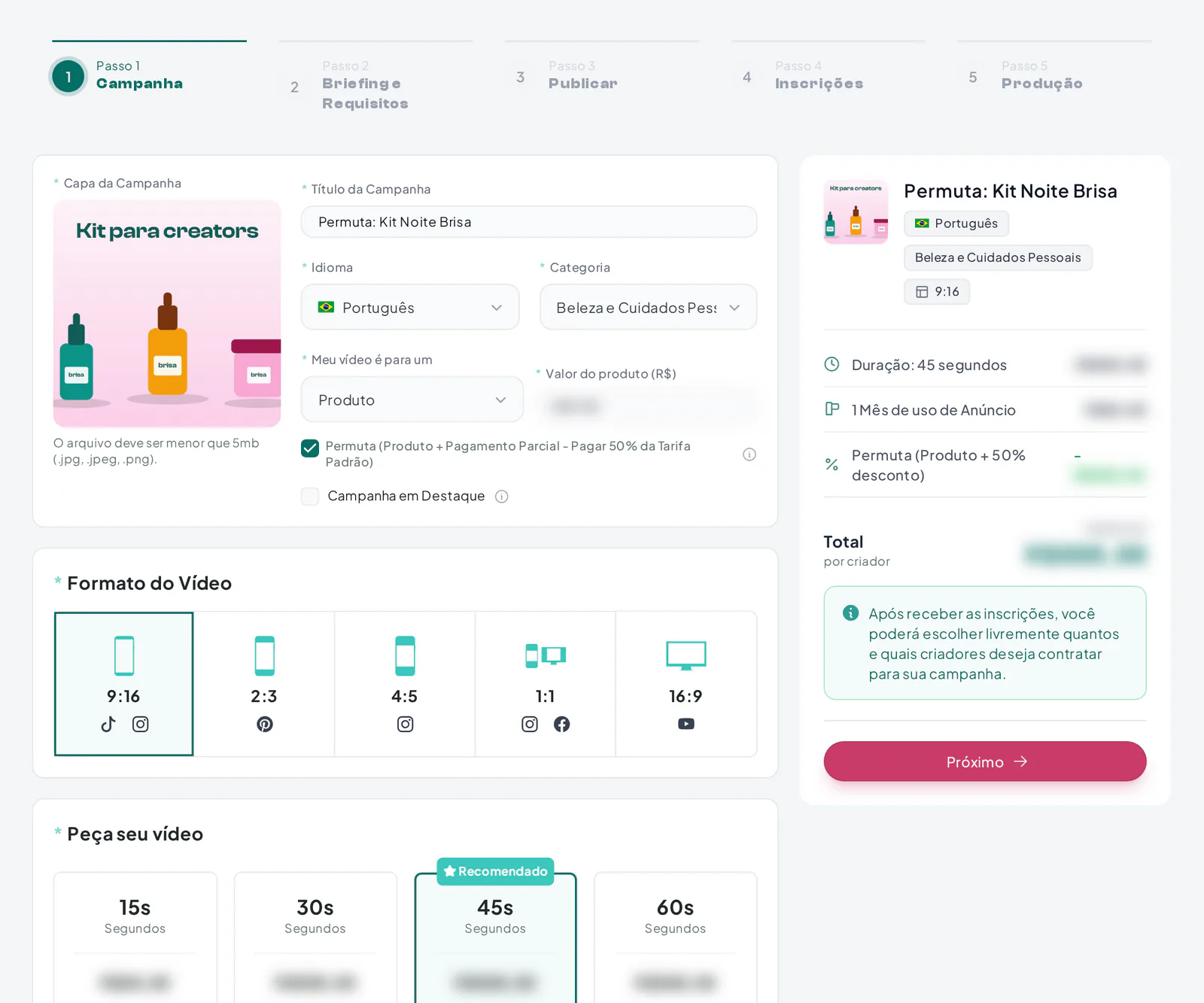Assistente de campanha UGC com a opção Permuta selecionada e o campo de valor do produto
