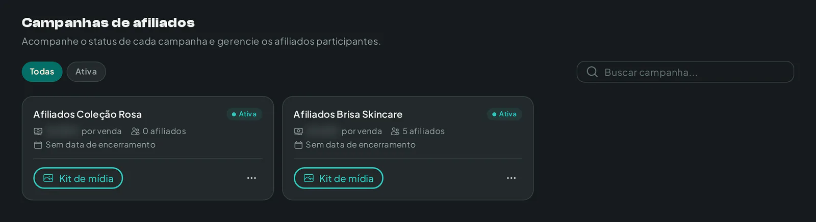 Lista de campanhas de afiliados de uma marca na Creatify com status e participantes