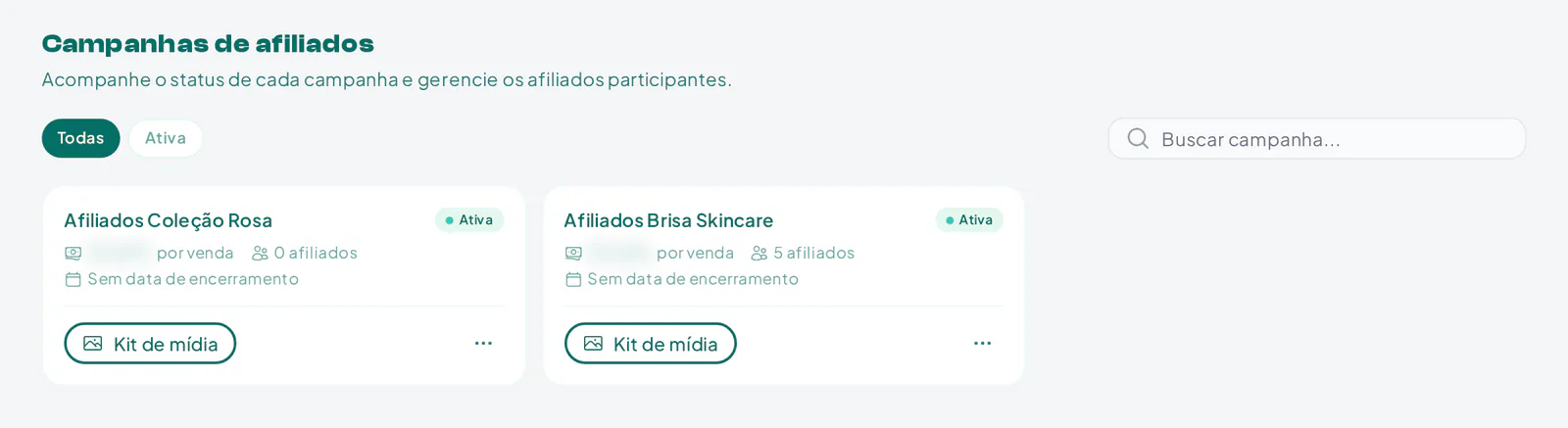 Lista de campanhas de afiliados de uma marca na Creatify com status e participantes