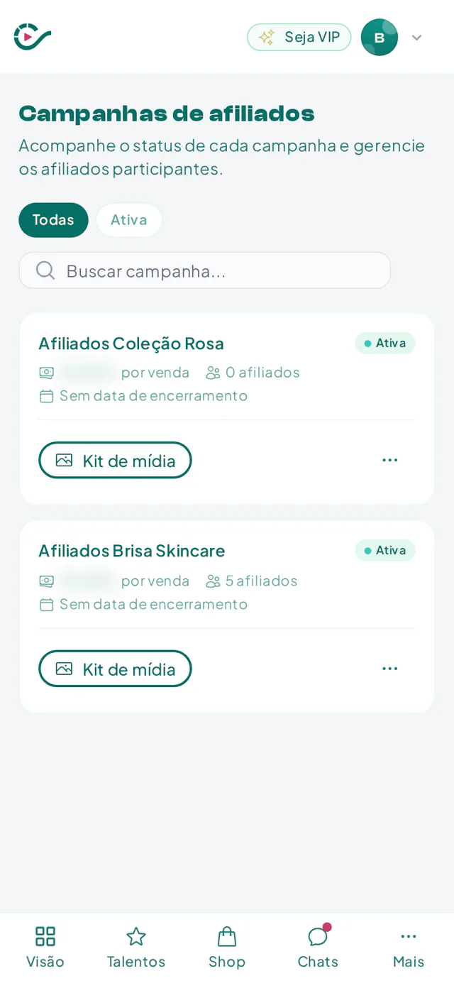Lista de campanhas de afiliados de uma marca na Creatify com status e participantes