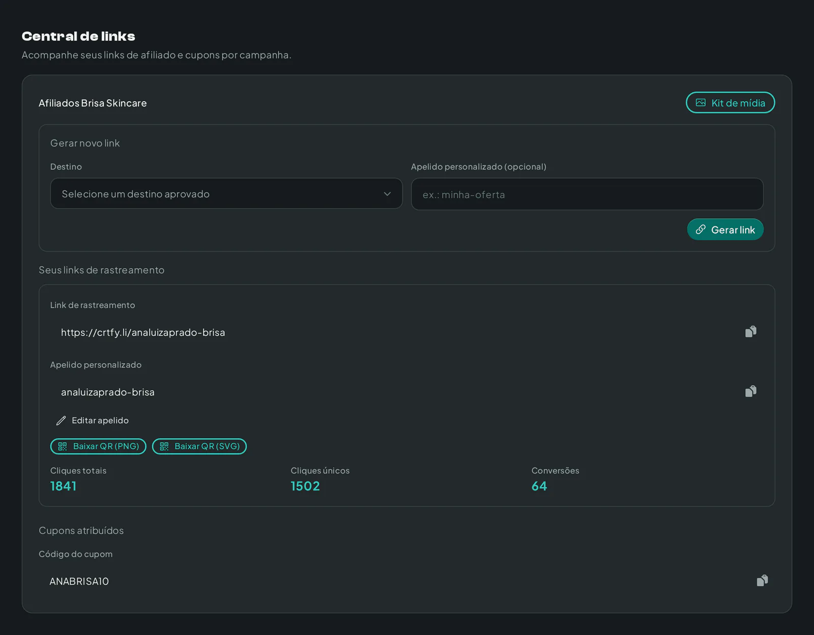 Central de links do criador com link curto, apelido personalizado, cupom e download do QR code