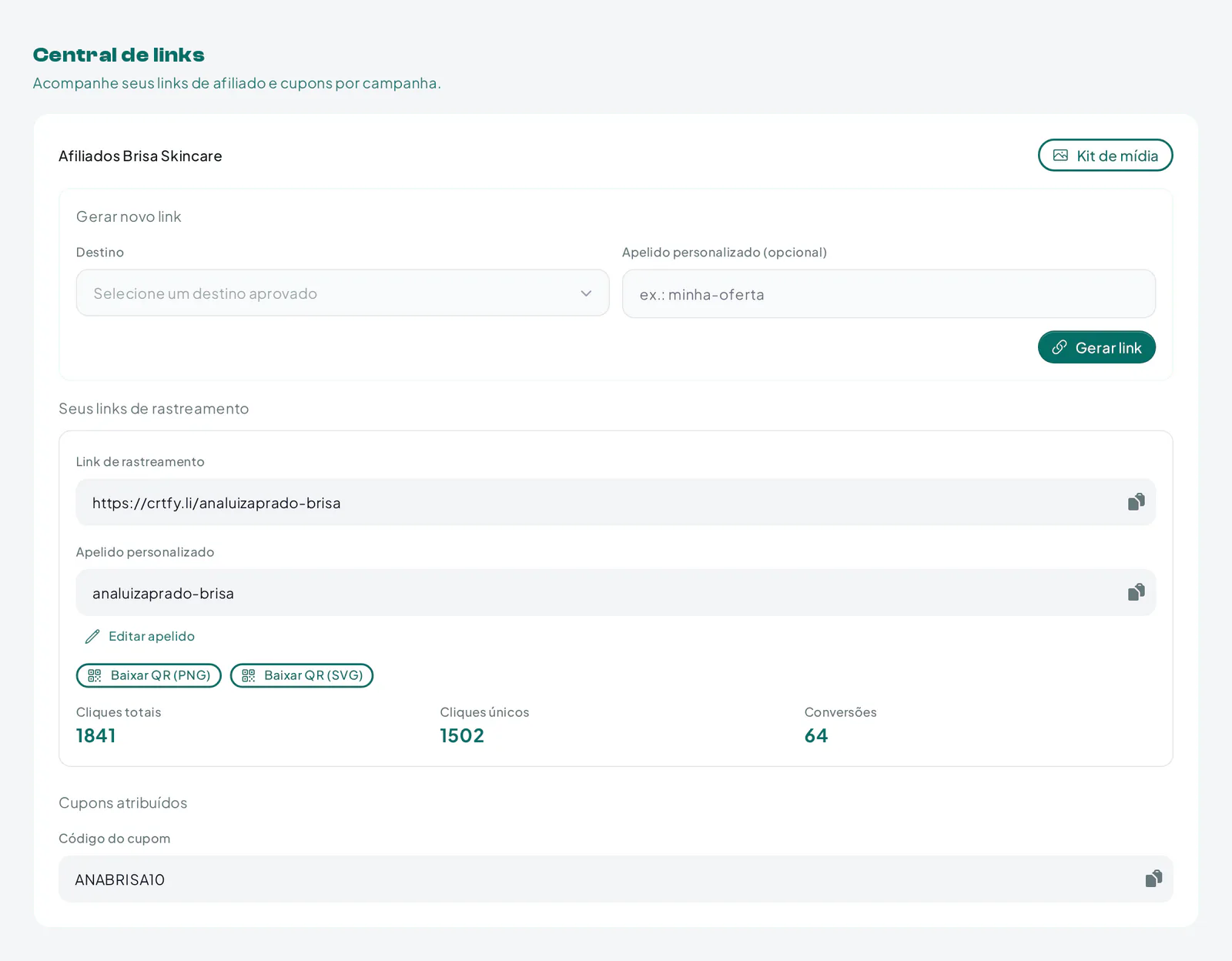 Central de links do criador com link curto, apelido personalizado, cupom e download do QR code