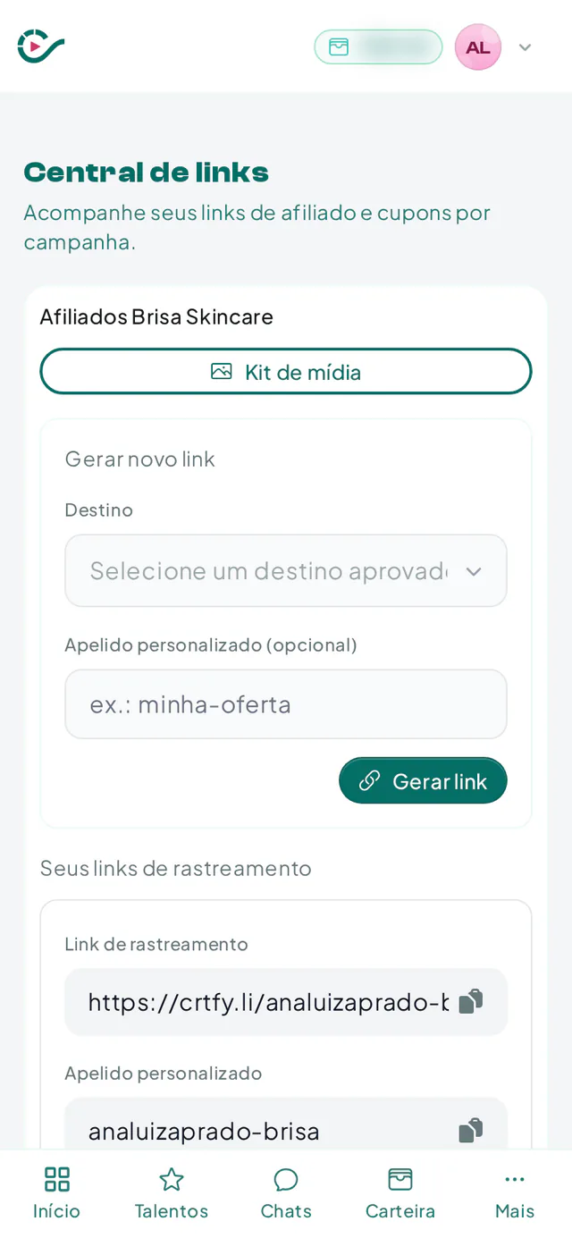 Central de links do criador com link curto, apelido personalizado, cupom e download do QR code