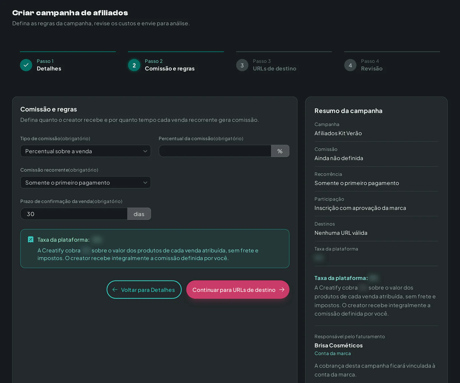 Assistente de campanha de afiliados com modo de participação, tipo de comissão e recorrência