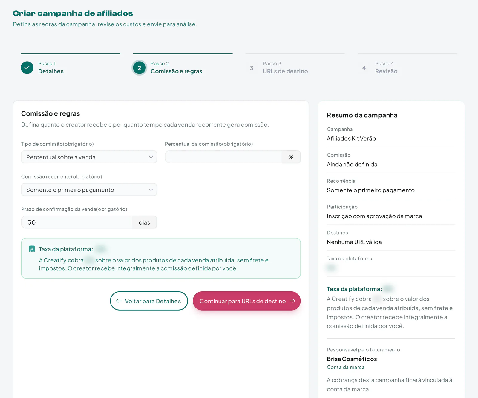 Assistente de campanha de afiliados com modo de participação, tipo de comissão e recorrência