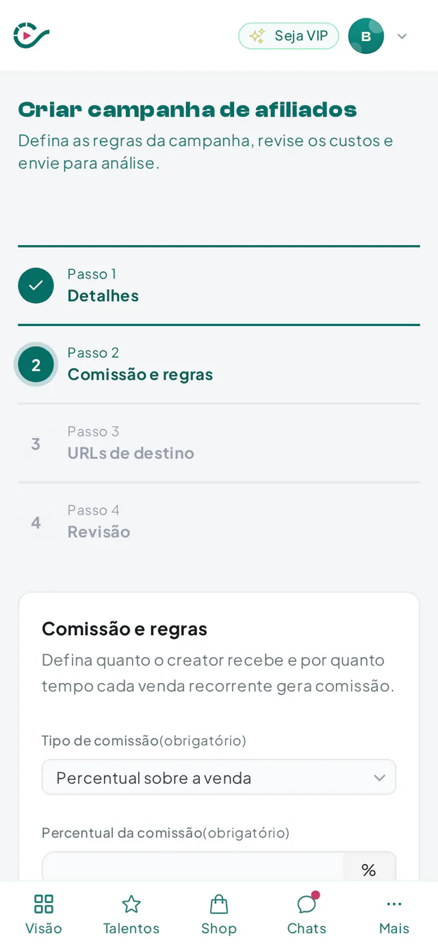 Assistente de campanha de afiliados com modo de participação, tipo de comissão e recorrência