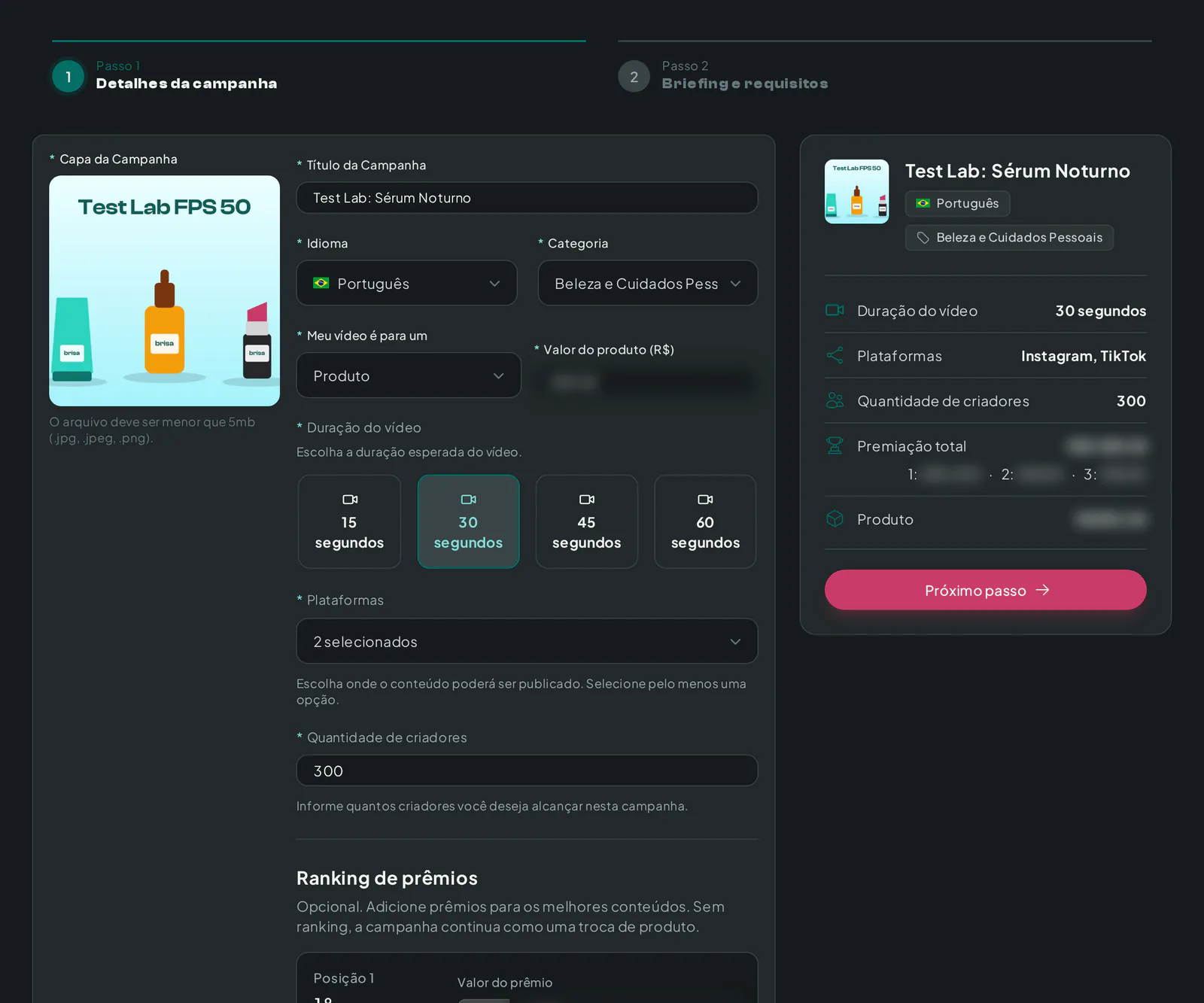 Primeiro passo do formulário Test Lab com produto, plataformas e número de criadores