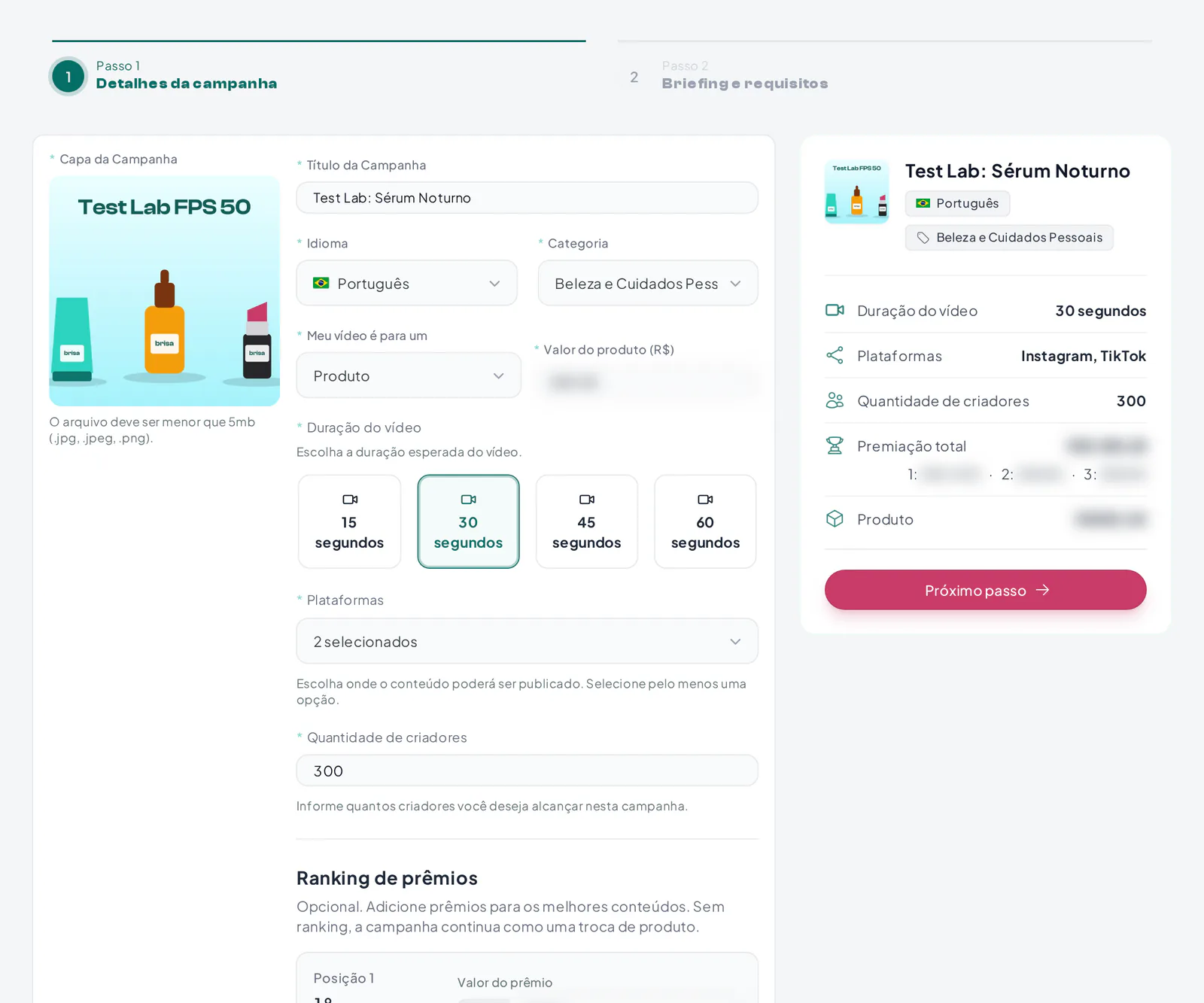 Primeiro passo do formulário Test Lab com produto, plataformas e número de criadores
