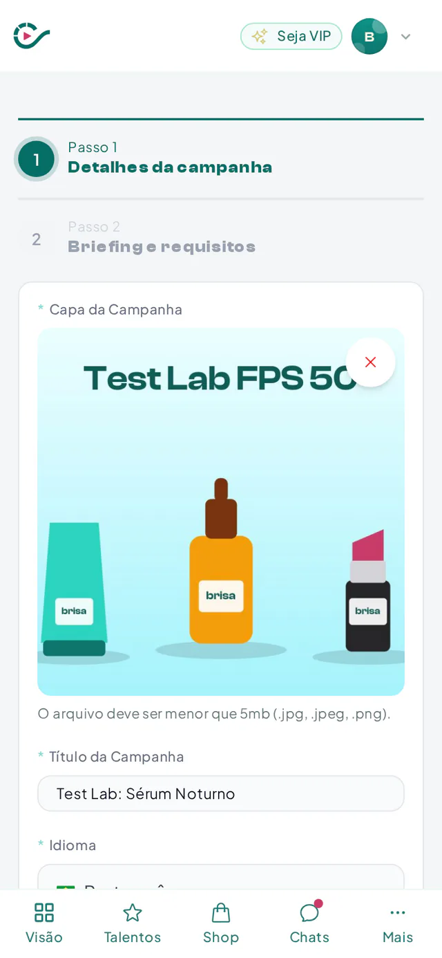 Primeiro passo do formulário Test Lab com produto, plataformas e número de criadores