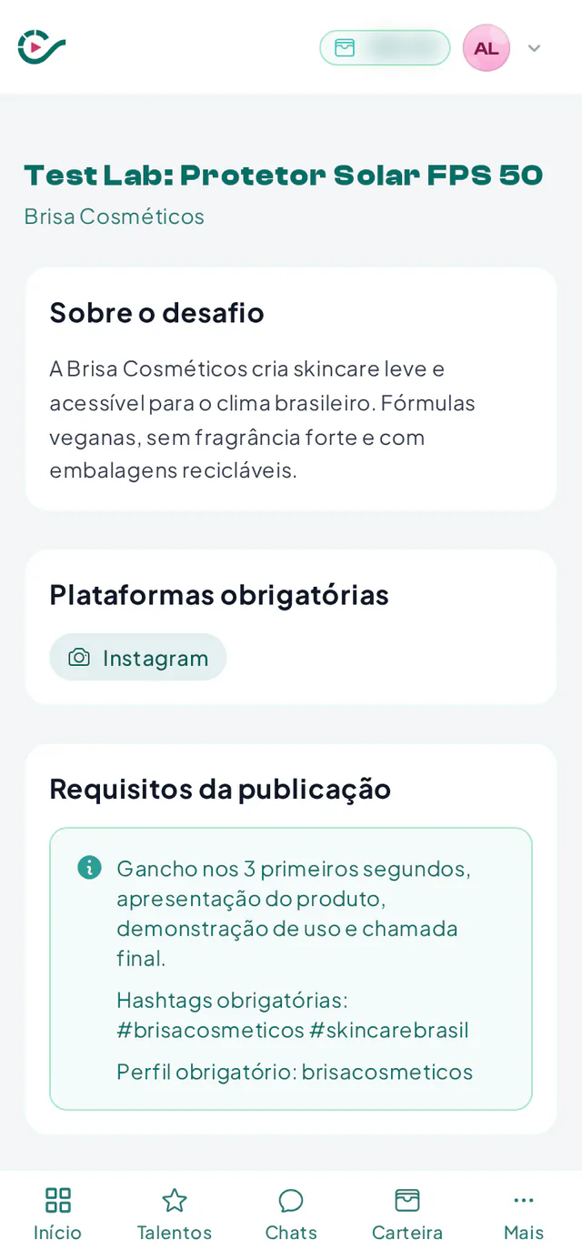 Página de um desafio na área Desafios, vista pelo criador, com briefing, plataformas e vagas