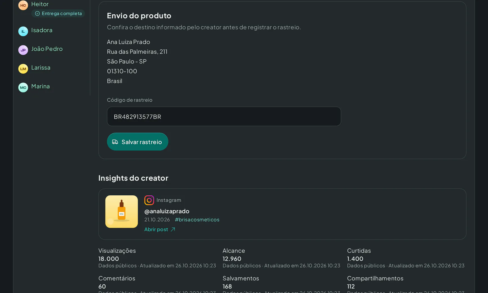 Painel de envios de um Test Lab com endereços dos criadores e códigos de rastreio