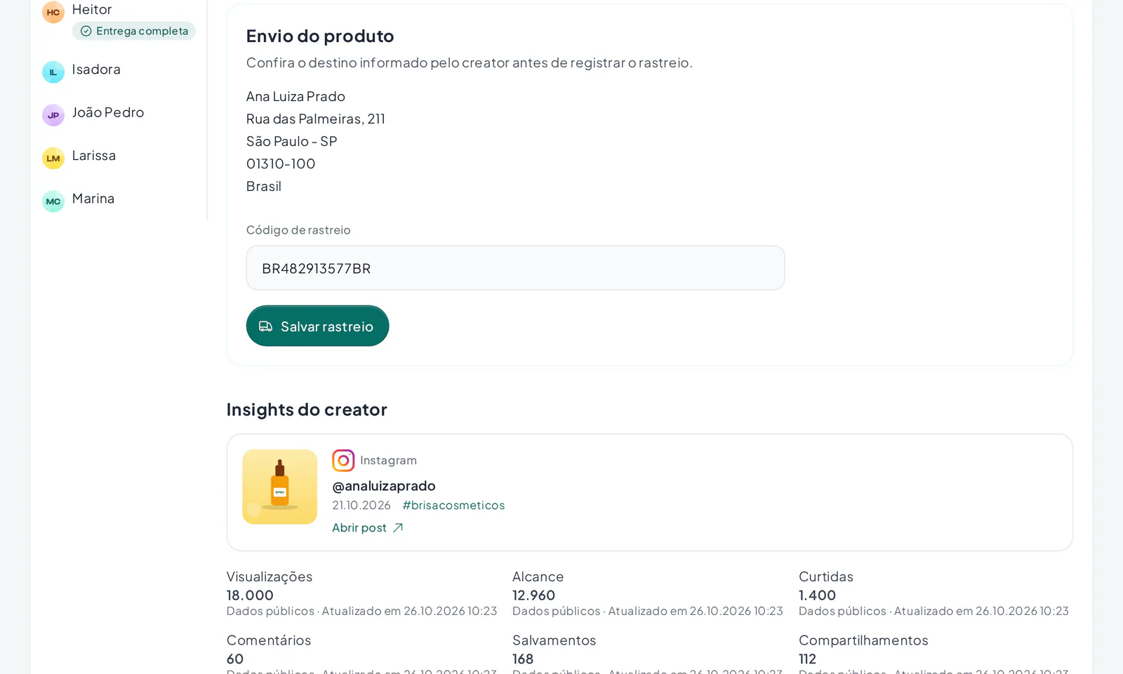 Painel de envios de um Test Lab com endereços dos criadores e códigos de rastreio