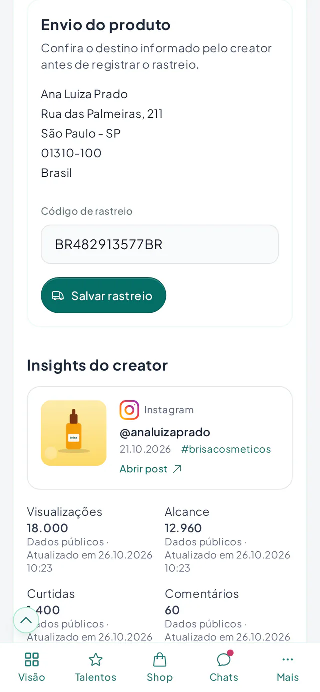 Painel de envios de um Test Lab com endereços dos criadores e códigos de rastreio